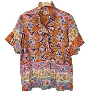 Mille Resort&Travel Vanessa Cotton Block Print Short Sleeve Shirt M Ruffle Trim